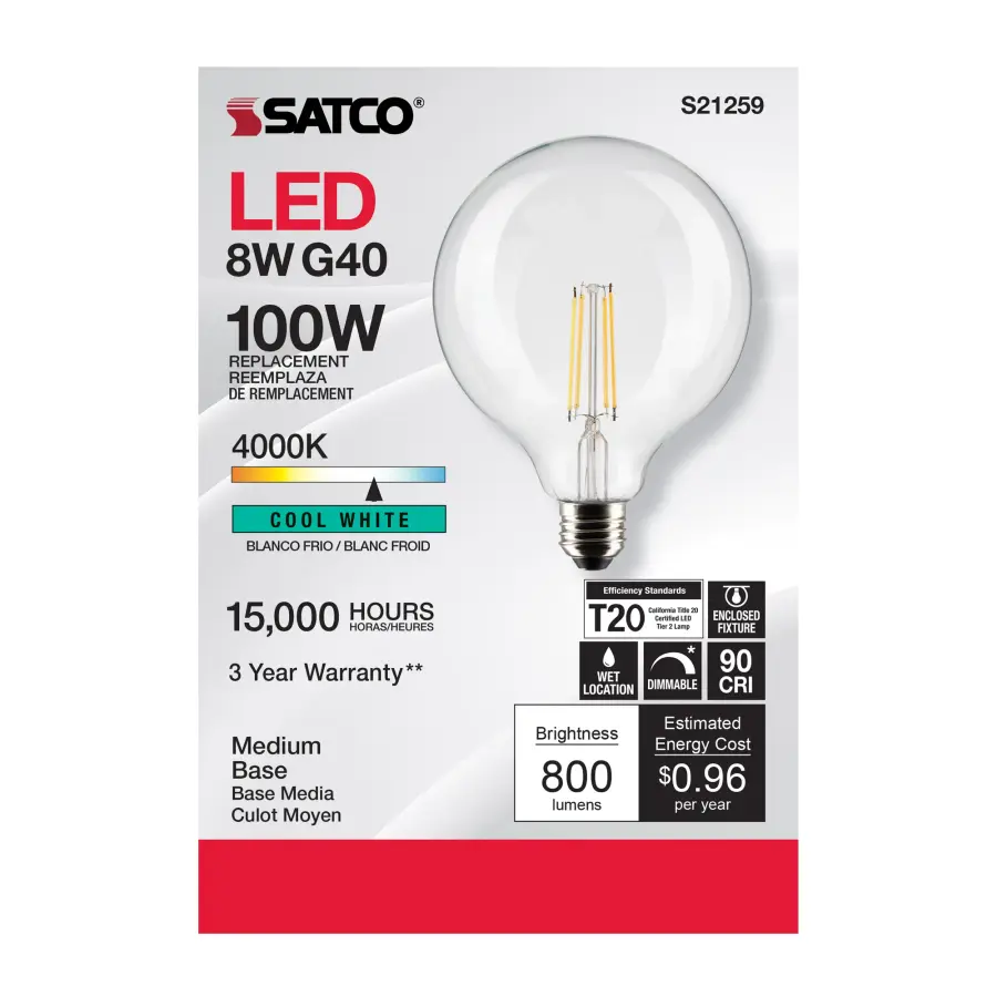 8 Watt G40 LED Filament - Clear - Medium base - 90 CRI - 4000K - 120 Volt - Image 4
