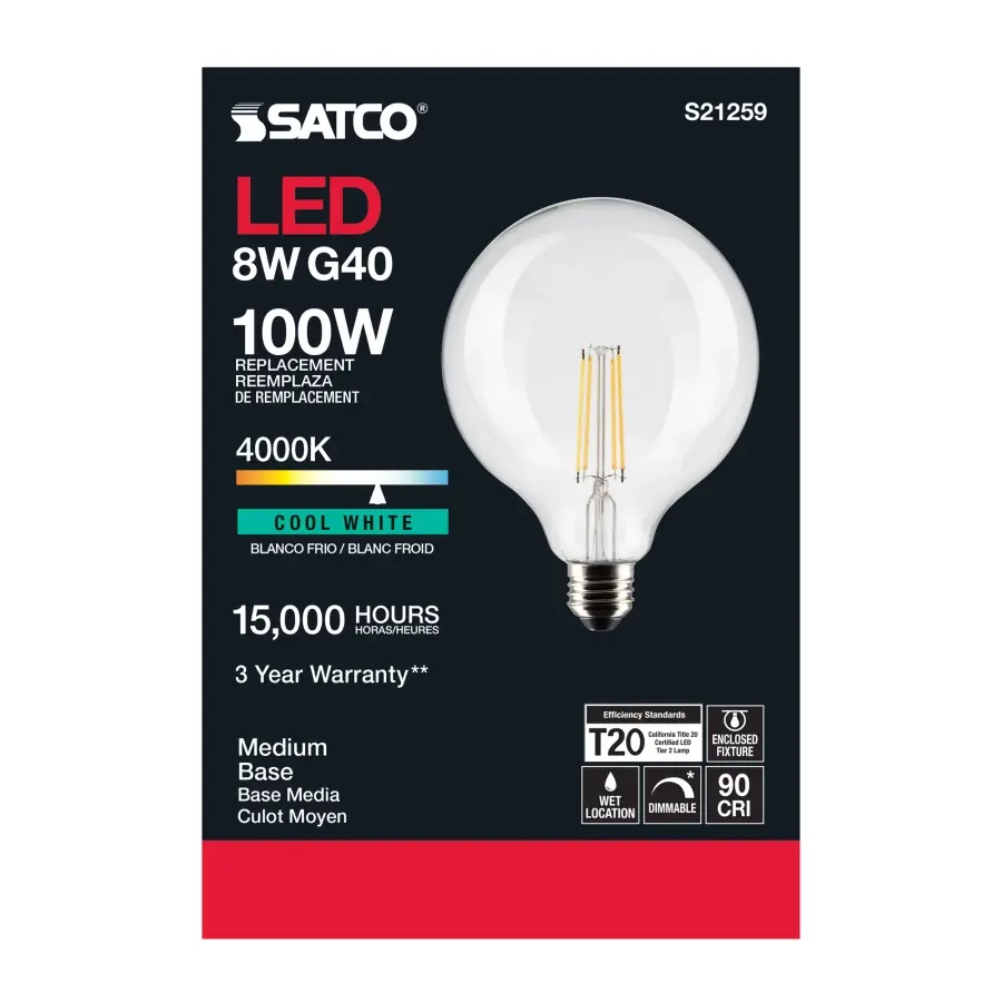 8 Watt G40 LED Filament - Clear - Medium base - 90 CRI - 4000K - 120 Volt - Image 5