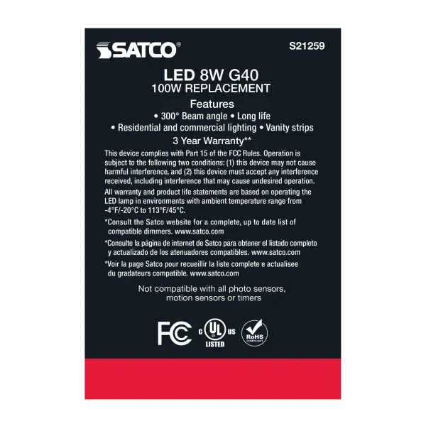 8 Watt G40 LED Filament - Clear - Medium base - 90 CRI - 4000K - 120 Volt - Image 7