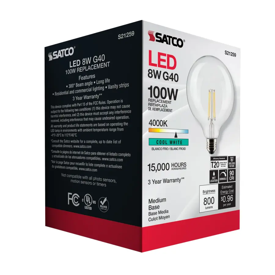 8 Watt G40 LED Filament - Clear - Medium base - 90 CRI - 4000K - 120 Volt - Image 8