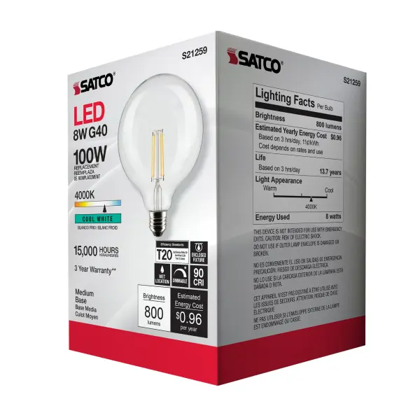 8 Watt G40 LED Filament - Clear - Medium base - 90 CRI - 4000K - 120 Volt - Image 9
