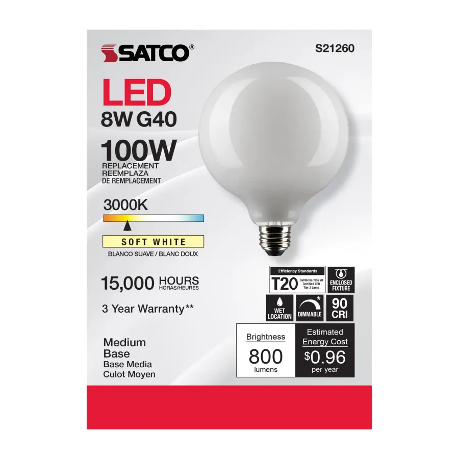 8 Watt G40 LED Filament - White - Medium base - 90 CRI - 3000K - 120 Volt - Image 4