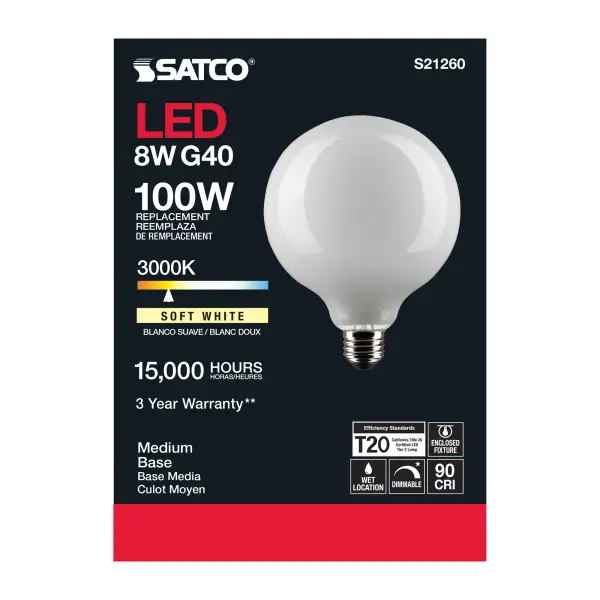 8 Watt G40 LED Filament - White - Medium base - 90 CRI - 3000K - 120 Volt - Image 5