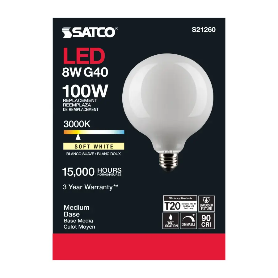 8 Watt G40 LED Filament - White - Medium base - 90 CRI - 3000K - 120 Volt - Image 5