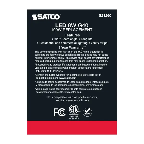8 Watt G40 LED Filament - White - Medium base - 90 CRI - 3000K - 120 Volt - Image 7