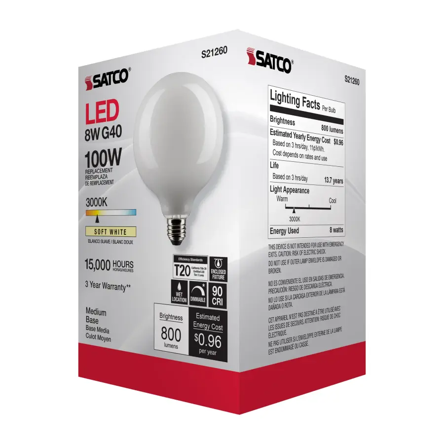 8 Watt G40 LED Filament - White - Medium base - 90 CRI - 3000K - 120 Volt - Image 8