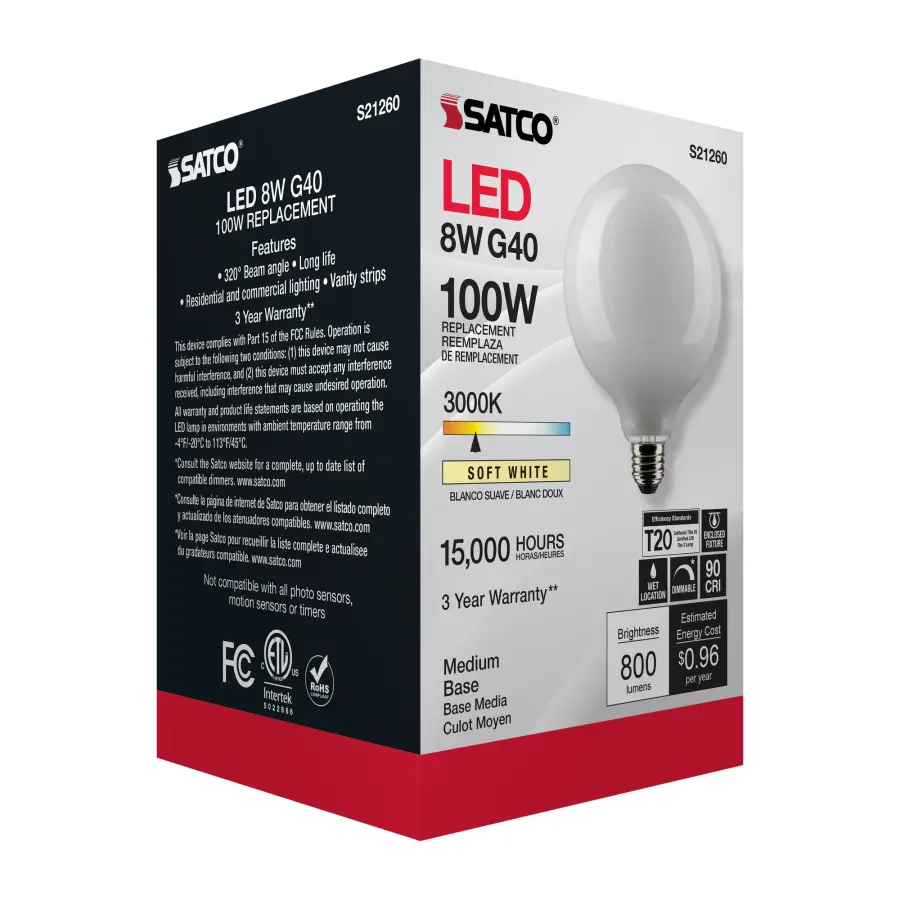 8 Watt G40 LED Filament - White - Medium base - 90 CRI - 3000K - 120 Volt - Image 9