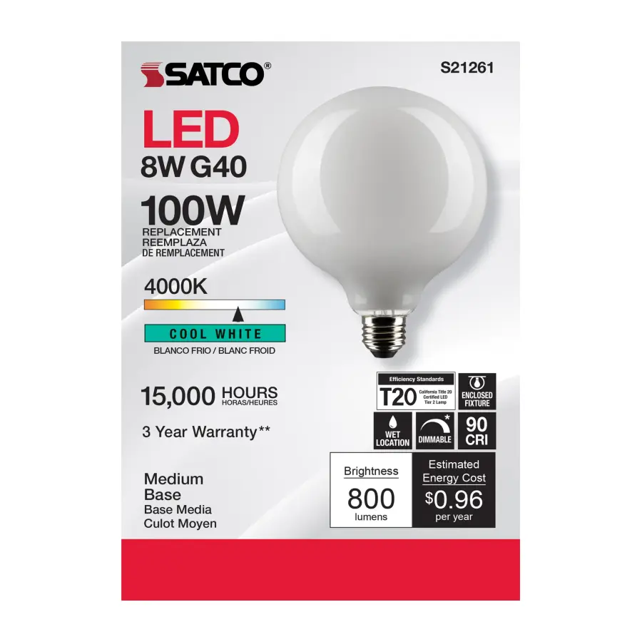 8 Watt G40 LED Filament - White - Medium base - 90 CRI - 4000K - 120 Volt - Image 4