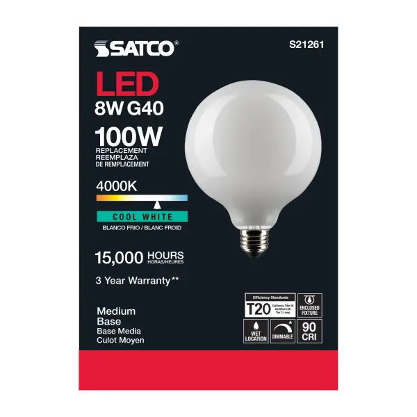 8 Watt G40 LED Filament - White - Medium base - 90 CRI - 4000K - 120 Volt - Image 5