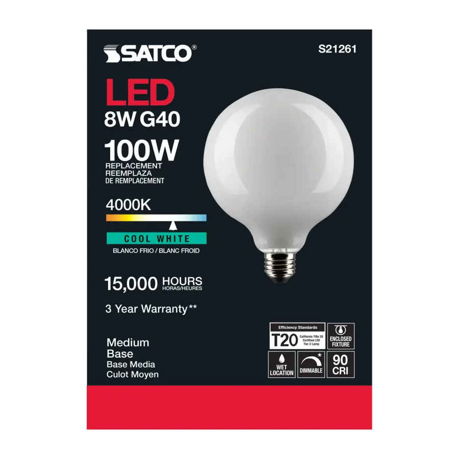 8 Watt G40 LED Filament - White - Medium base - 90 CRI - 4000K - 120 Volt - Image 5
