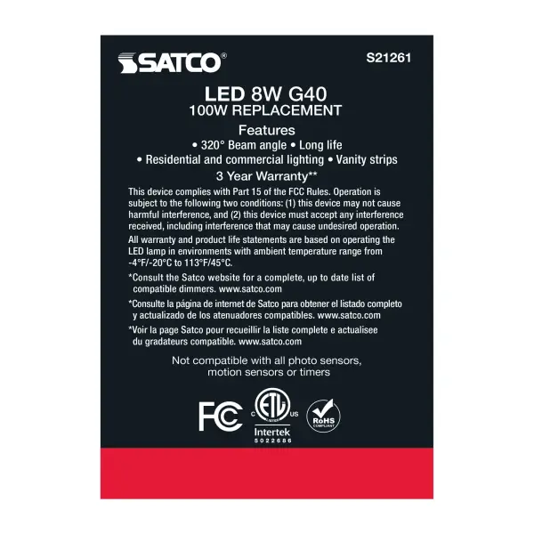 8 Watt G40 LED Filament - White - Medium base - 90 CRI - 4000K - 120 Volt - Image 7