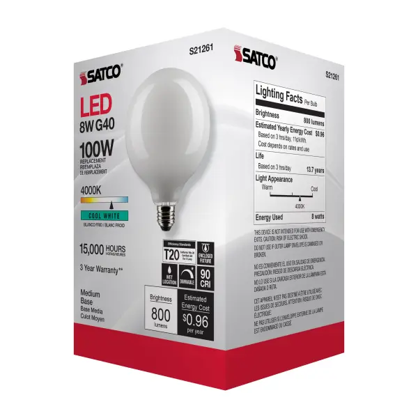 8 Watt G40 LED Filament - White - Medium base - 90 CRI - 4000K - 120 Volt - Image 8