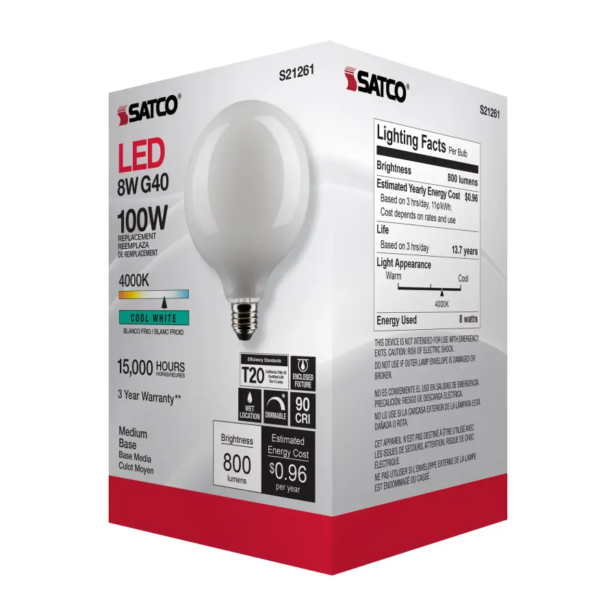 8 Watt G40 LED Filament - White - Medium base - 90 CRI - 4000K - 120 Volt - Image 8