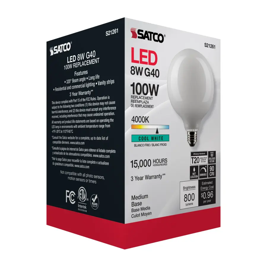 8 Watt G40 LED Filament - White - Medium base - 90 CRI - 4000K - 120 Volt - Image 9