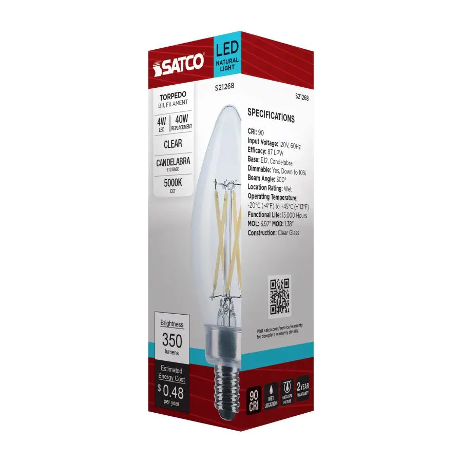 4 Watt B11 LED Filament - Clear - Candelabra base - 90 CRI - 5000K - 120 Volt - Image 12
