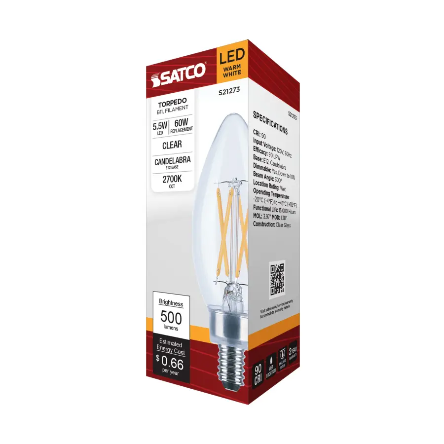 5.5 Watt B11 LED Filament - Clear - Candelabra base - 90 CRI - 2700K - 120 Volt - Image 9