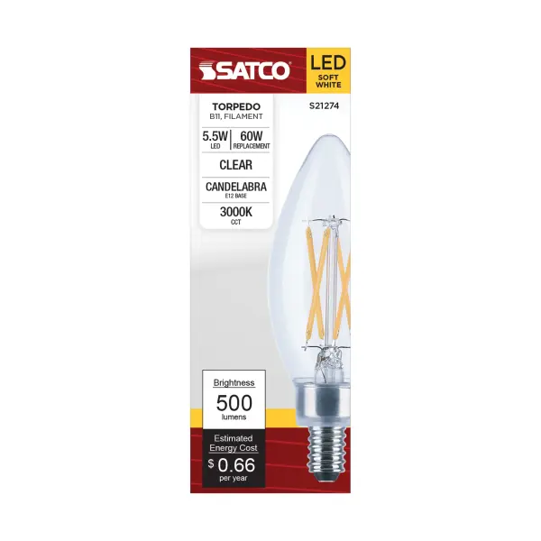 5.5 Watt B11 LED Filament - Clear - Candelabra base - 90 CRI - 3000K - 120 Volt - Image 4