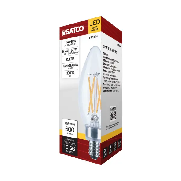 5.5 Watt B11 LED Filament - Clear - Candelabra base - 90 CRI - 3000K - 120 Volt - Image 9