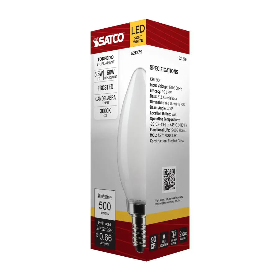 5.5 Watt B11 LED Filament - Frost - Candelabra base - 90 CRI - 3000K - 120 Volt - Image 8