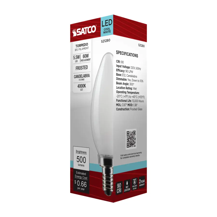5.5 Watt B11 LED Filament - Frost - Candelabra base - 90 CRI - 4000K - 120 Volt - Image 8