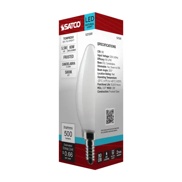 5.5 Watt B11 LED Filament - Frost - Candelabra base - 90 CRI - 5000K - 120 Volt - Image 9