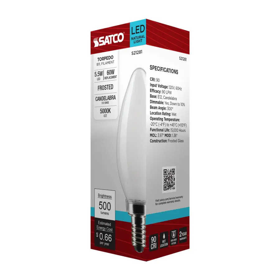 5.5 Watt B11 LED Filament - Frost - Candelabra base - 90 CRI - 5000K - 120 Volt - Image 9