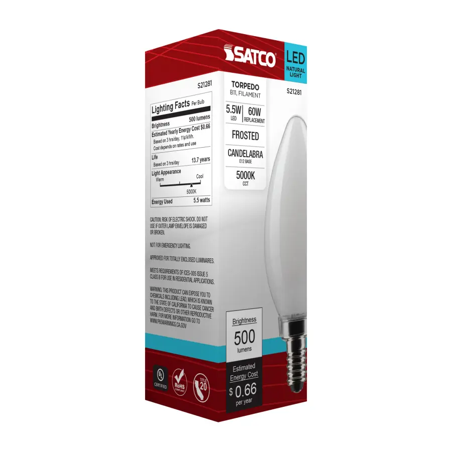 5.5 Watt B11 LED Filament - Frost - Candelabra base - 90 CRI - 5000K - 120 Volt - Image 10