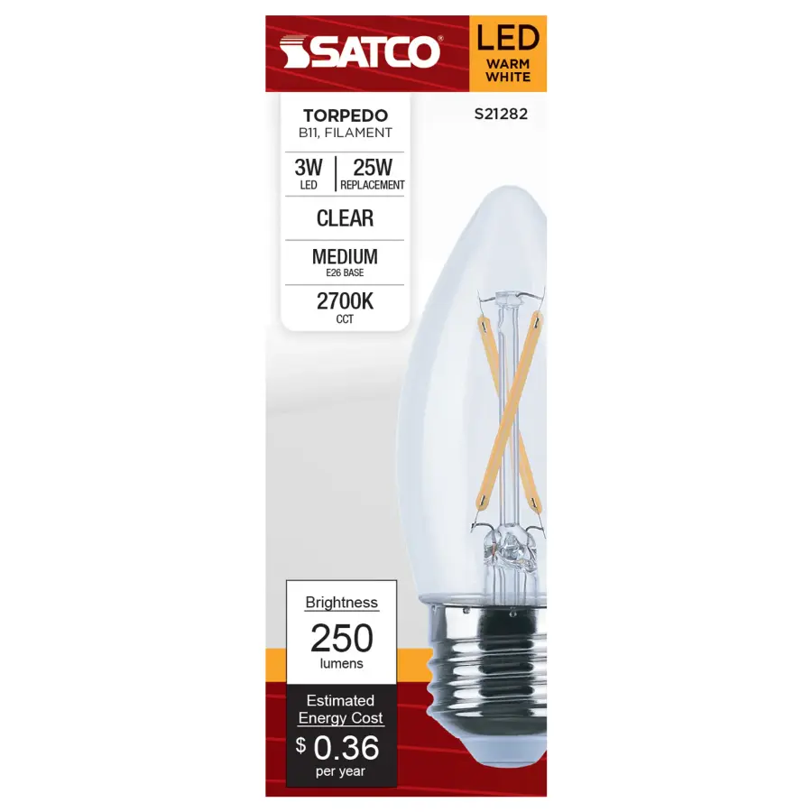 3 Watt B11 LED Filament - Clear - Medium base - 90 CRI - 2700K - 120 Volt - Image 4