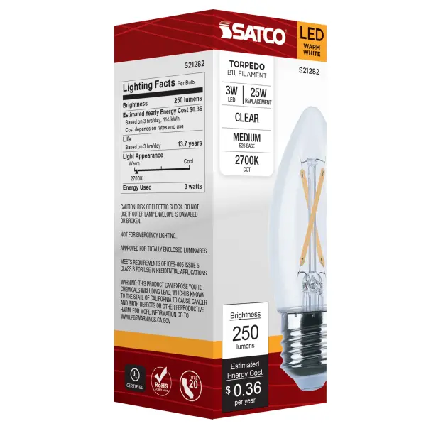 3 Watt B11 LED Filament - Clear - Medium base - 90 CRI - 2700K - 120 Volt - Image 8