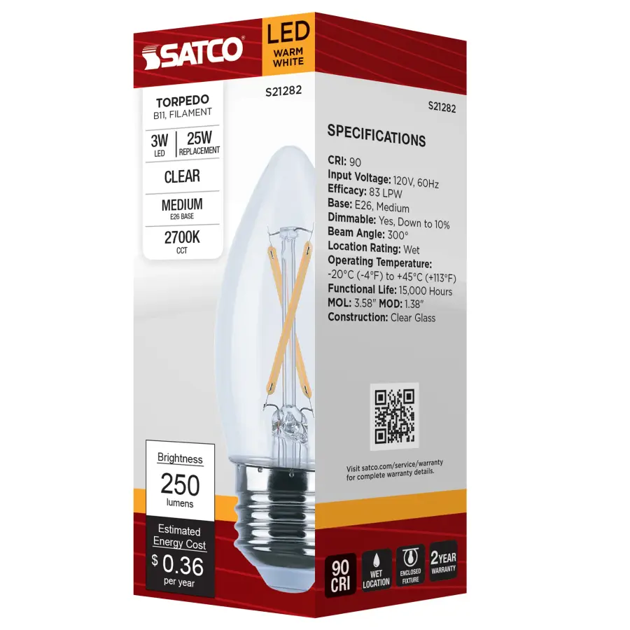 3 Watt B11 LED Filament - Clear - Medium base - 90 CRI - 2700K - 120 Volt - Image 9