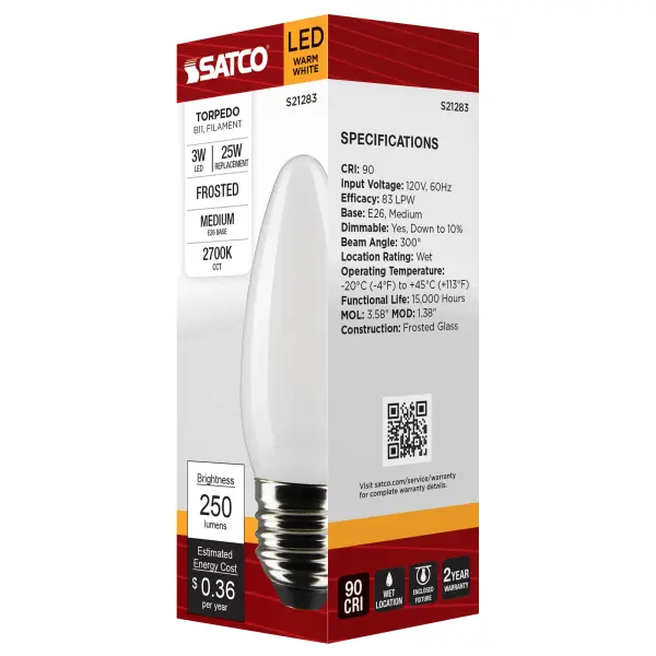 3 Watt B11 LED Filament - Frost - Medium base - 90 CRI - 2700K - 120 Volt - Image 9