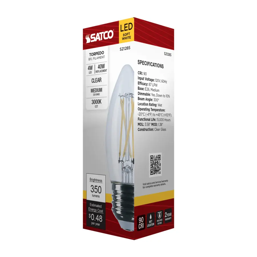 4 Watt B11 LED Filament - Clear - Medium base - 90 CRI - 3000K - 120 Volt - Image 8