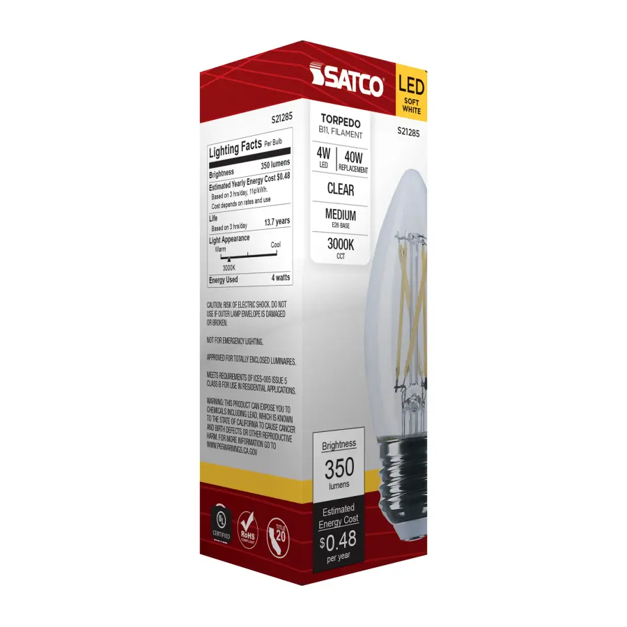 4 Watt B11 LED Filament - Clear - Medium base - 90 CRI - 3000K - 120 Volt - Image 9