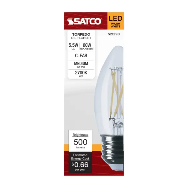 5.5 Watt B11 LED Filament - Clear - Medium base - 90 CRI - 2700K - 120 Volt - Image 4