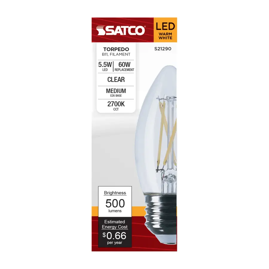 5.5 Watt B11 LED Filament - Clear - Medium base - 90 CRI - 2700K - 120 Volt - Image 4