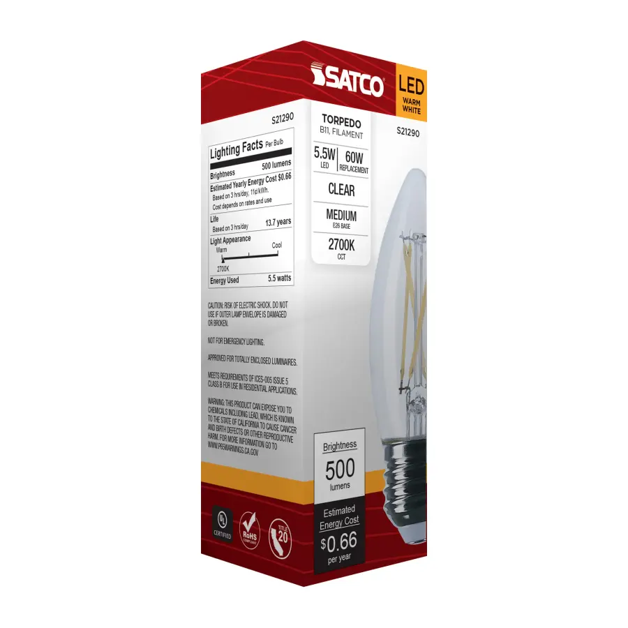 5.5 Watt B11 LED Filament - Clear - Medium base - 90 CRI - 2700K - 120 Volt - Image 9