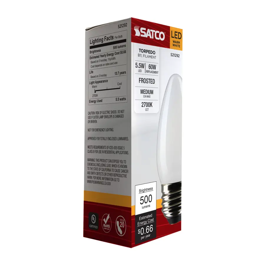 5.5 Watt B11 LED Filament - Frost - Medium base - 90 CRI - 2700K - 120 Volt - Image 8