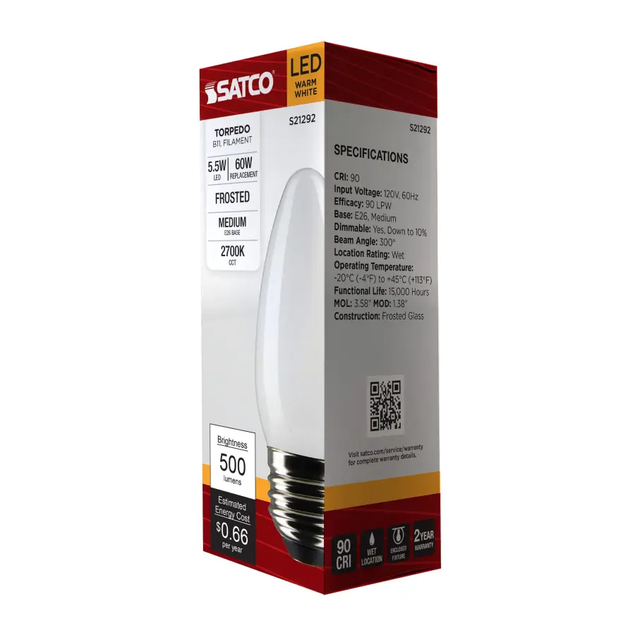 5.5 Watt B11 LED Filament - Frost - Medium base - 90 CRI - 2700K - 120 Volt - Image 9