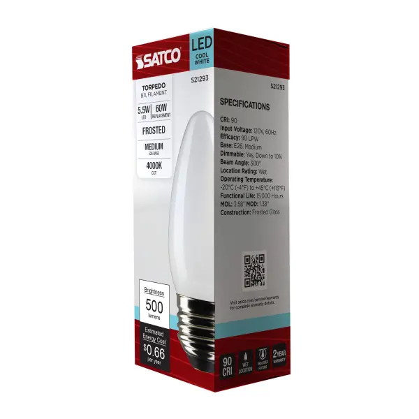 5.5 Watt B11 LED Filament - Frost - Medium base - 90 CRI - 4000K - 120 Volt - Image 9