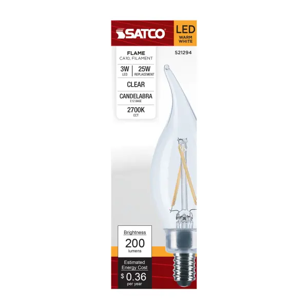 3 Watt CA10 LED Filament - Clear - Candelabra base - 90 CRI - 2700K - 120 Volt - Image 3