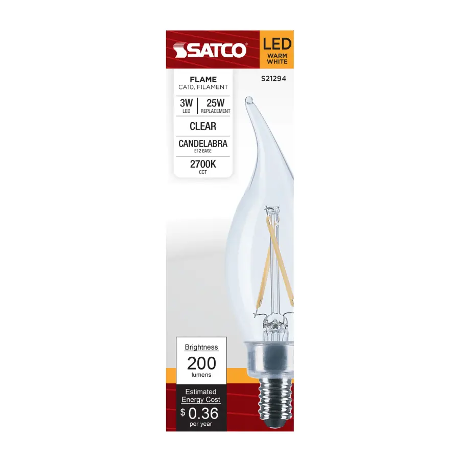 3 Watt CA10 LED Filament - Clear - Candelabra base - 90 CRI - 2700K - 120 Volt - Image 3