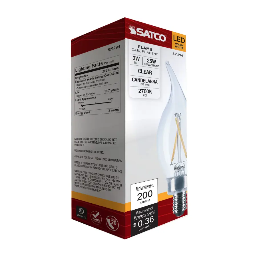 3 Watt CA10 LED Filament - Clear - Candelabra base - 90 CRI - 2700K - 120 Volt - Image 7