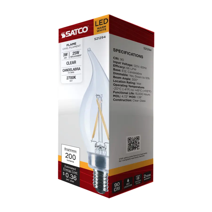 3 Watt CA10 LED Filament - Clear - Candelabra base - 90 CRI - 2700K - 120 Volt - Image 8