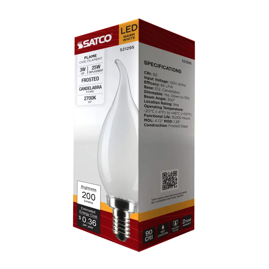 3 Watt CA10 LED Filament - Frost - Candelabra base - 90 CRI - 2700K - 120 Volt - Image 10