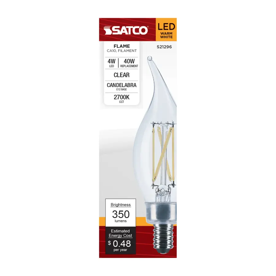 4 Watt CA10 LED Filament - Clear - Candelabra base - 90 CRI - 2700K - 120 Volt - Image 4
