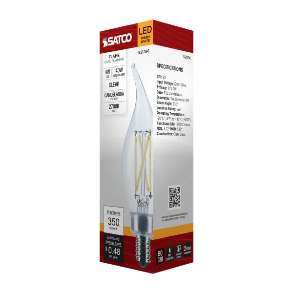 4 Watt CA10 LED Filament - Clear - Candelabra base - 90 CRI - 2700K - 120 Volt - Image 8