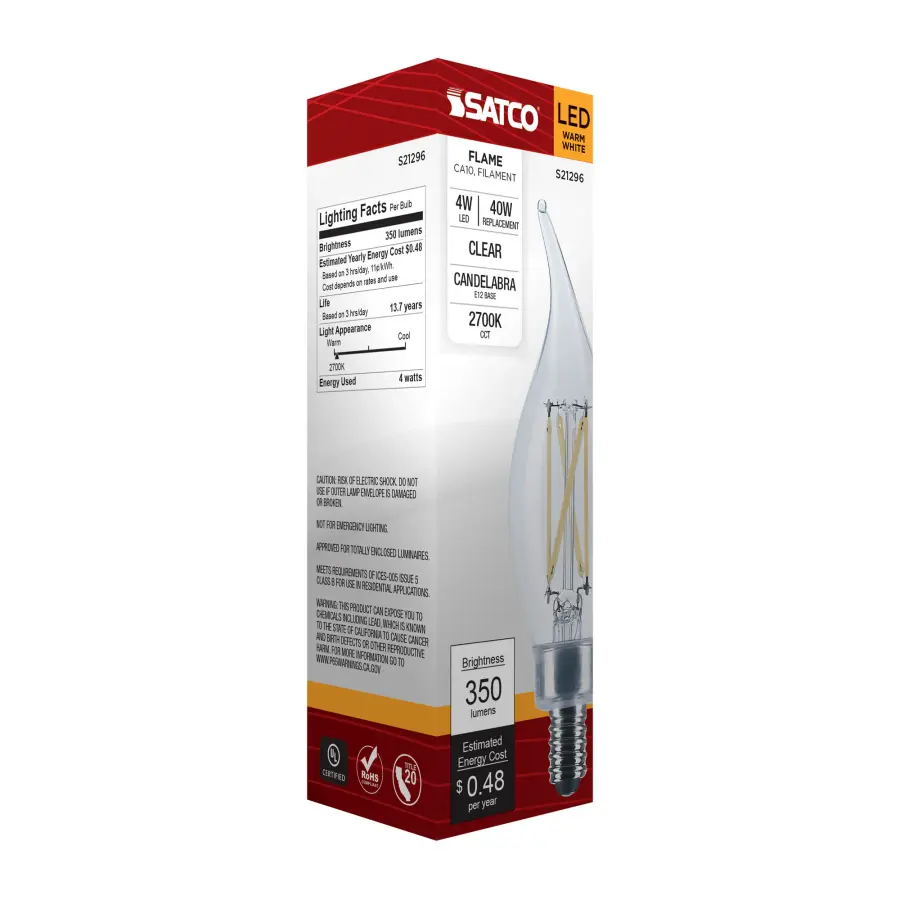 4 Watt CA10 LED Filament - Clear - Candelabra base - 90 CRI - 2700K - 120 Volt - Image 9