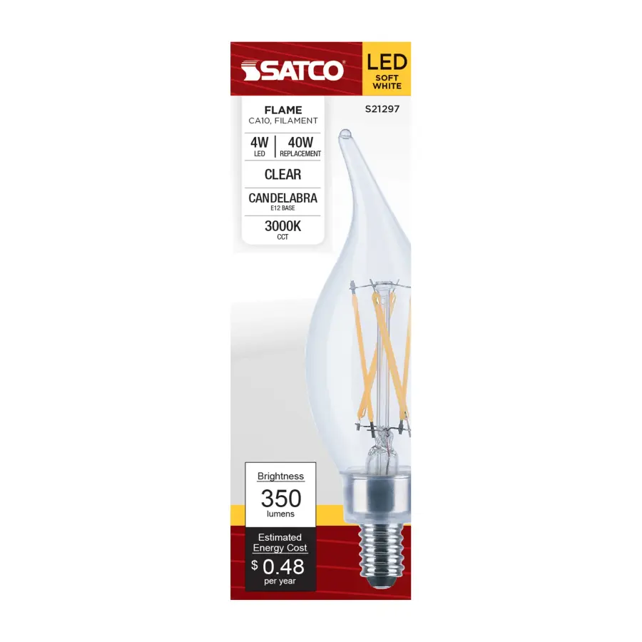4 Watt CA10 LED Filament - Clear - Candelabra base - 90 CRI - 3000K - 120 Volt - Image 4