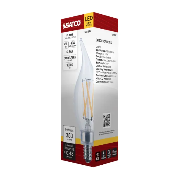 4 Watt CA10 LED Filament - Clear - Candelabra base - 90 CRI - 3000K - 120 Volt - Image 8