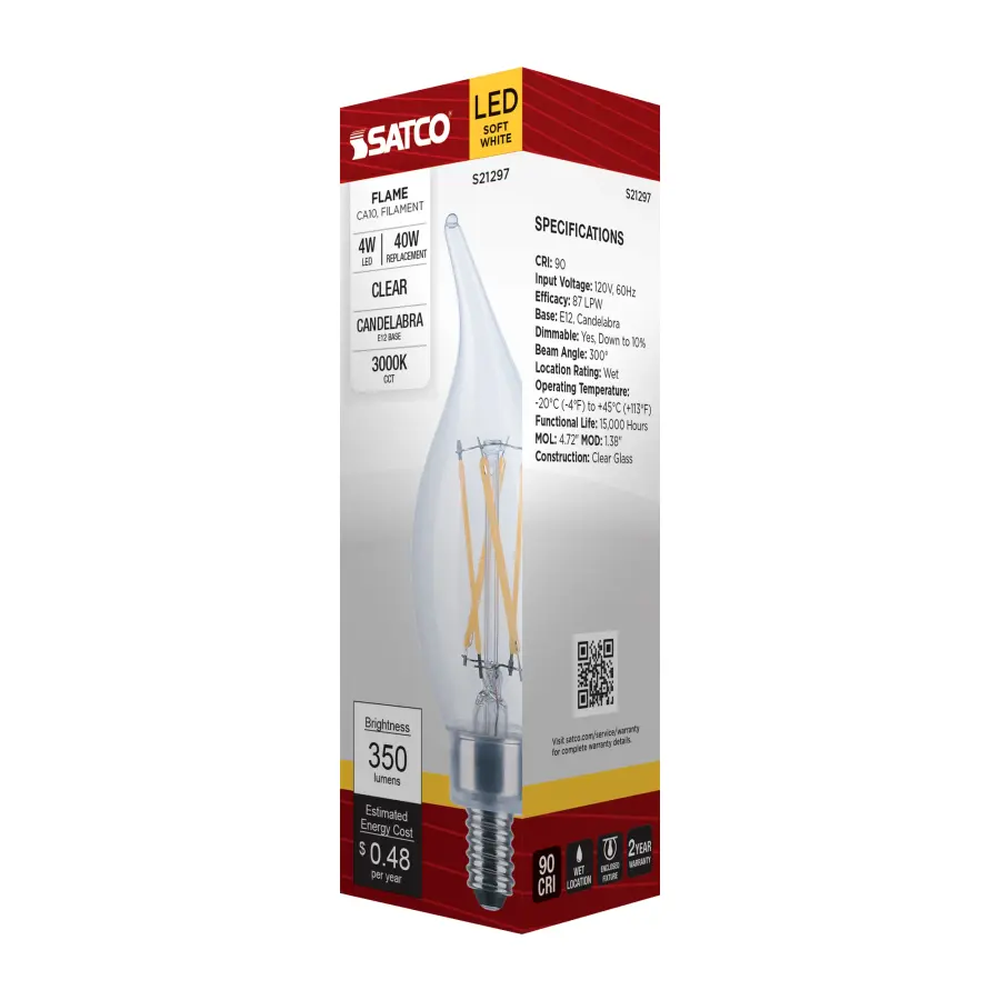4 Watt CA10 LED Filament - Clear - Candelabra base - 90 CRI - 3000K - 120 Volt - Image 8